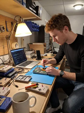 Mason, AI character: his aunt's basement workbench in Columbus, with old handheld consoles, small screw trays and a laptop open…