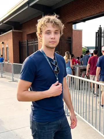 Chase, AI character: outside the Nashville minor-league ballpark near the first-base gate before a game, warm crowd movement…