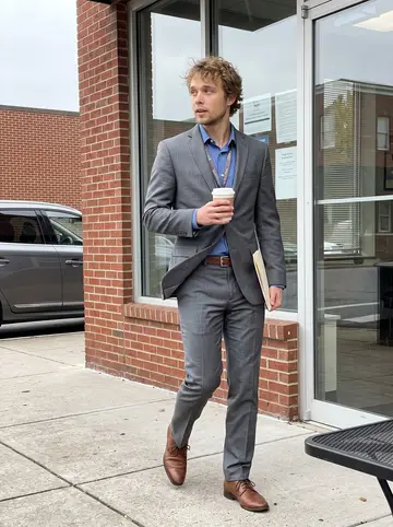 Chase, AI character: sidewalk outside a small Nashville loan office during a weekday lunch break, brick storefronts and parked…