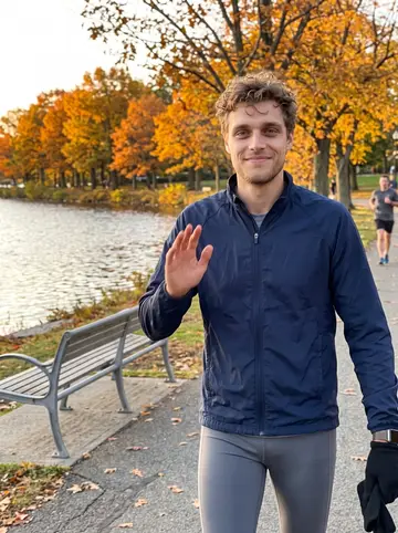 John, AI character: the Charles River Esplanade in Boston on a clear Sunday morning, orange leaves along the path and the…