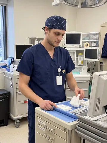 John, AI character: a hospital anesthesia workroom in Boston during a quiet afternoon turnover, carts and monitors in the…