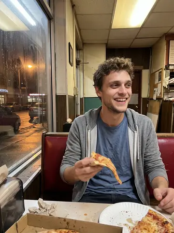 John, AI character: a cramped old pizza place near the hospital after a late shift, vinyl booth, paper plates, streetlights…