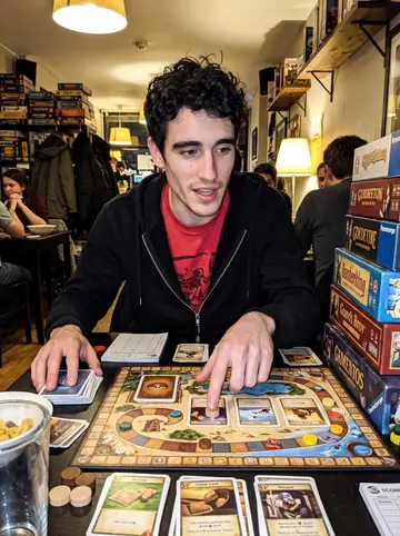 Ali, AI character: a crowded board-game café on Queen Street at night, game boxes stacked behind him and cards spread across…