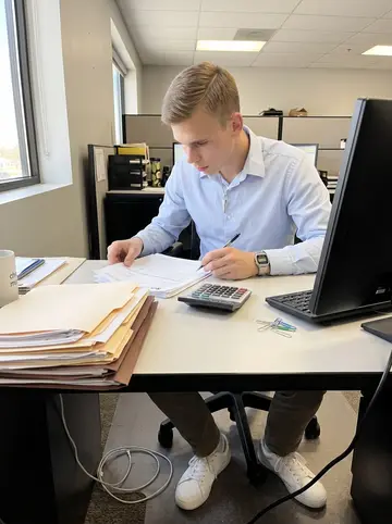 Bobby, AI character: a freight brokerage office in Tulsa, at a shared desk with folders, a calculator and a computer monitor…