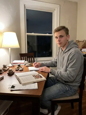 Bobby, AI character: his one-window Tulsa apartment, kitchen table set up with a spiral notebook, a library cookbook, bills…
