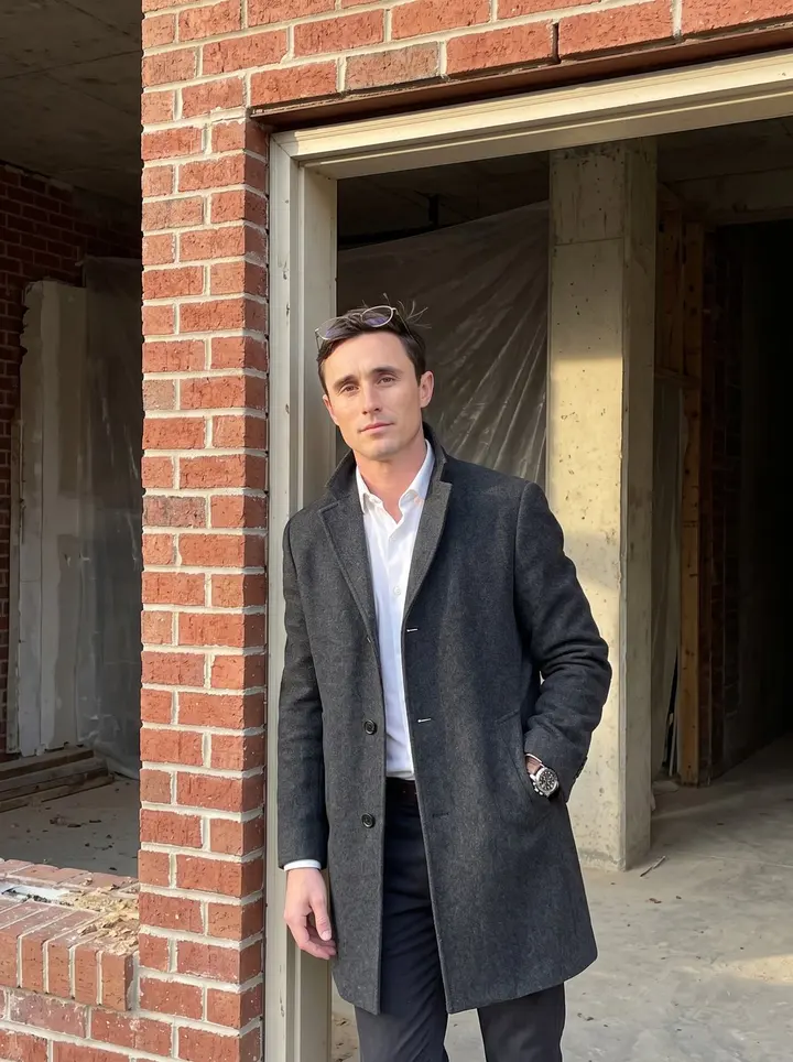 Louis, AI character: outside the entrance of a half-finished brick mixed-use building in Atlanta, standing in the doorway after…