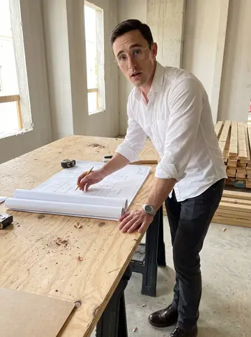 Louis, AI character: inside one of his Atlanta construction sites, standing over rolled drawings on a plywood table near…