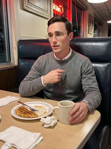 Louis, AI character: his regular old Atlanta diner booth, a pecan waffle plate and coffee mug on the laminate table