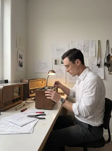 Louis, AI character: the corner of his office where old tube radios, small screwdrivers and architecture drawings share the…