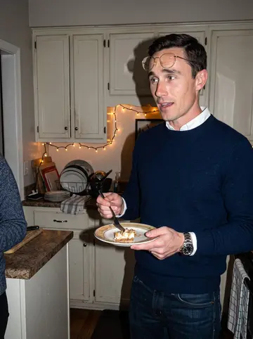 Louis, AI character: his sister's crowded holiday dinner in a narrow Atlanta kitchen, cabinets and string lights behind him