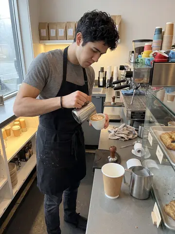 Amir, AI character: behind the espresso counter of a small Vancouver café during the early rush, pastry case and stacked cups…