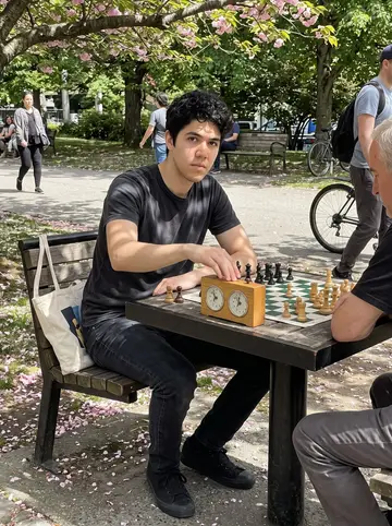 Amir, AI character: a park chess table under a cherry tree near downtown Vancouver, timer and worn pieces between him and an…