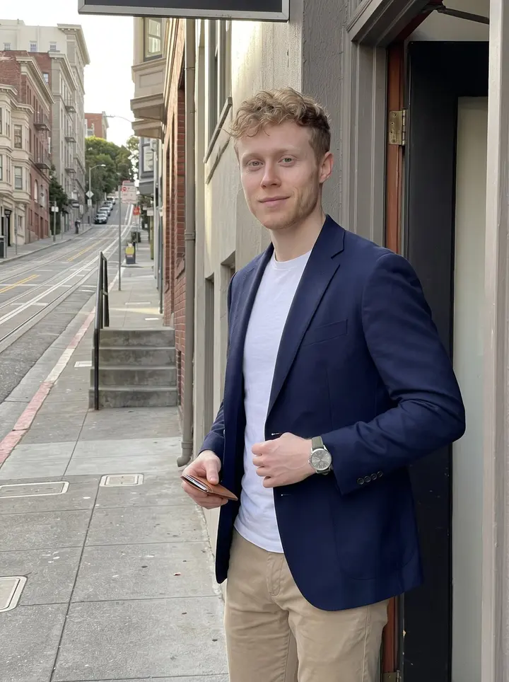 Jerry, AI character: outside a narrow San Francisco restaurant on a sloped street in Jackson Square before an investor lunch,…