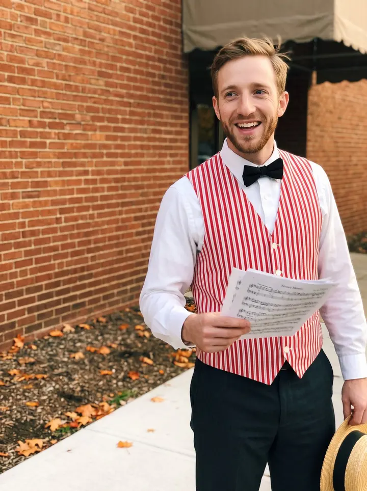 Kirk, AI character: outside a small Cleveland community auditorium after barbershop quartet rehearsal, brick wall and a few…