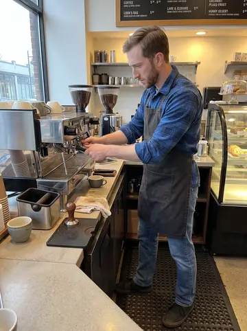Kirk, AI character: behind the counter of his neighborhood coffee shop in Cleveland before the morning rush, espresso machine…