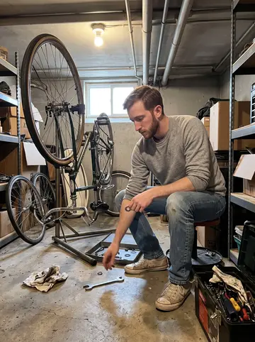 Kirk, AI character: the shared basement storage room of his apartment building, a half-restored 1974 Schwinn bicycle upside…