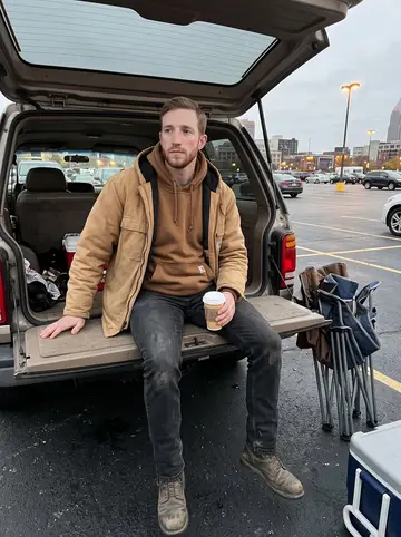 Kirk, AI character: a Browns tailgate in a downtown Cleveland parking lot, folding chairs and a cooler near the back of an old SUV