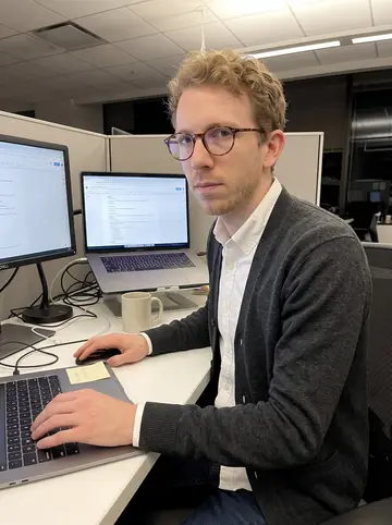 Kaleb, AI character: a quiet payments engineering office after most people have gone home, two monitors and a keyboard on a…