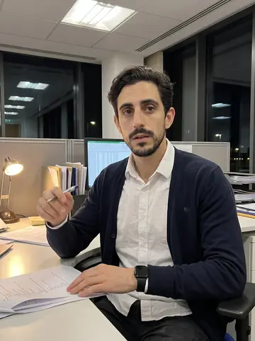 Hassan, AI character: a mid-size audit firm office in Manchester after most desks have emptied, spreadsheets open on a monitor…