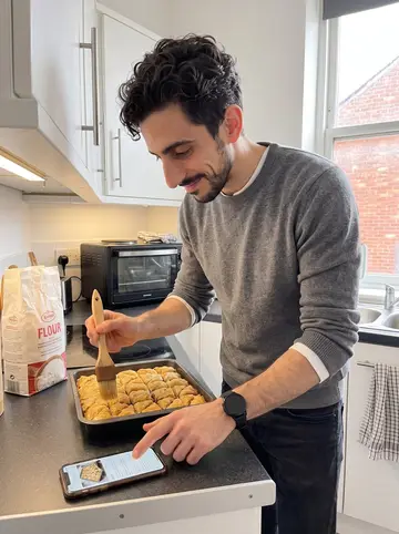 Hassan, AI character: his small second-floor Manchester flat kitchen, a tray of baklava on the counter and a brick wall visible…