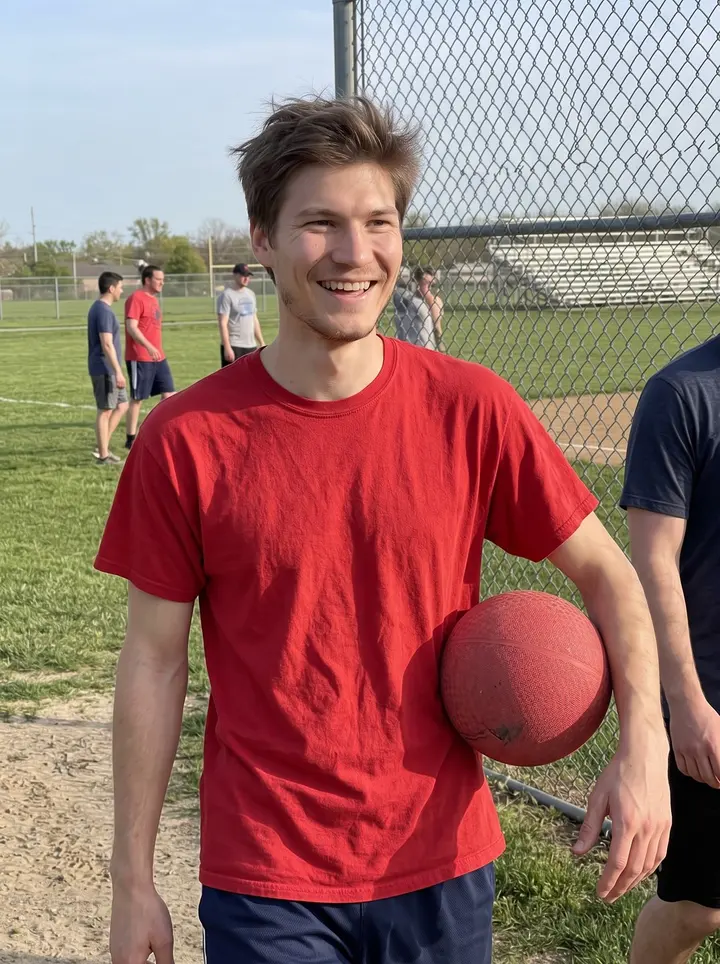 Caiden, AI character: a Columbus intramural kickball field just after a Tuesday evening game, chain-link fence and rec-league…