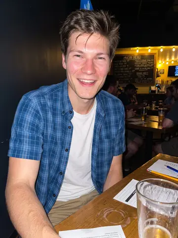 Caiden, AI character: a casual Columbus brewery trivia night, sticky wooden table, score sheets, pint glasses, and a chalkboard…