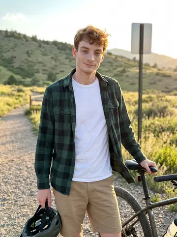Warren, AI character: a Front Range trailhead outside Denver at golden hour, his mountain bike leaned beside him and foothills…