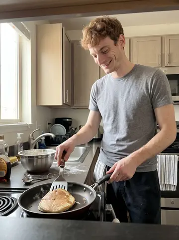 Warren, AI character: his small Denver apartment kitchen on a Sunday morning, mixing bowl and pancake pan on the counter