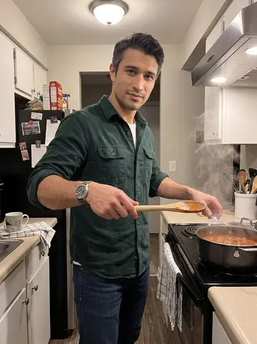 Luka, AI character: his small Denver townhouse kitchen on a cold night, pot of Serbian paprikash on the stove, magnet-covered…