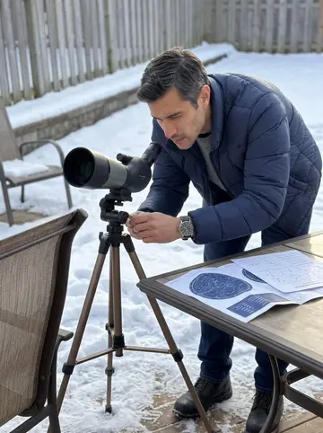 Luka, AI character: his back porch in Denver on a clear winter afternoon, a folded star chart and small telescope on the patio…