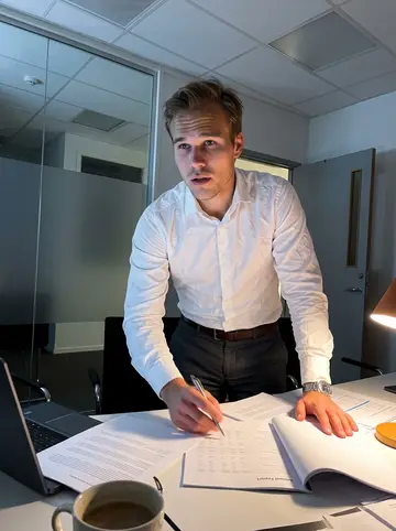 Finley, AI character: a quiet Chicago office conference room after markets close, annual reports and a laptop on the table