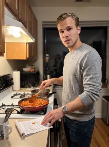 Finley, AI character: his sparse new apartment kitchen in Chicago, two forks in a cup and a pan of chicken paprikash on the stove