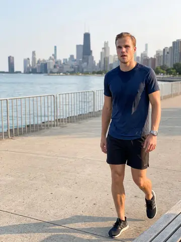 Finley, AI character: a quiet stretch of the lakefront path after an evening run, skyline far behind him