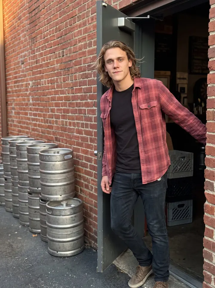 Jaden, AI character: outside the taproom side door in Asheville just before the evening rush, brick wall and a stack of clean…