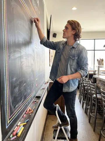 Jaden, AI character: inside the closed taproom before opening, standing on a small step stool at the chalkboard menu wall with…