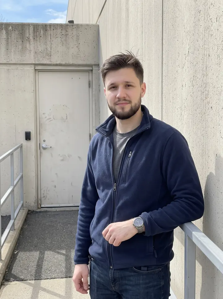 Julius, AI character: outside the aerospace supplier test building near Boston, leaning against a clean metal railing by the…