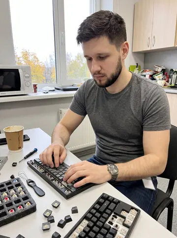 Julius, AI character: the break room at the aerospace supplier, at a small table during lunch with a mechanical keyboard kit…