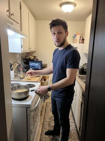 Julius, AI character: his Worcester apartment kitchen on a Sunday night, ramen pot steaming on the stove and a laptop with…