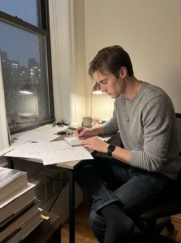 Tanner, AI character: his small Manhattan apartment on a rainy spring evening, narrow desk by the window, cheap acoustic guitar…