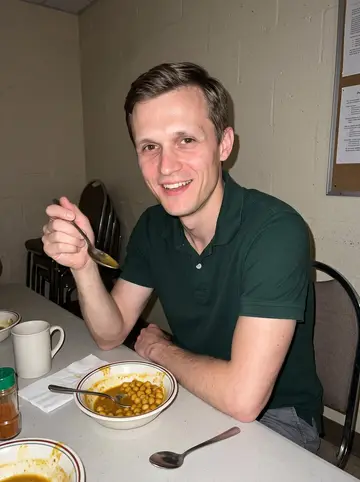 Campbell, AI character: the shared table in his apartment building common room during a casual curry night for neighbors