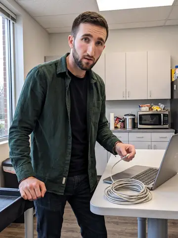 Jayden, AI character: a small Raleigh tech office break area beside a standing desk and laptop cart