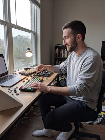 Jayden, AI character: his Raleigh apartment desk on a rainy spring afternoon, half-restored mechanical keyboards, keycaps, and a…