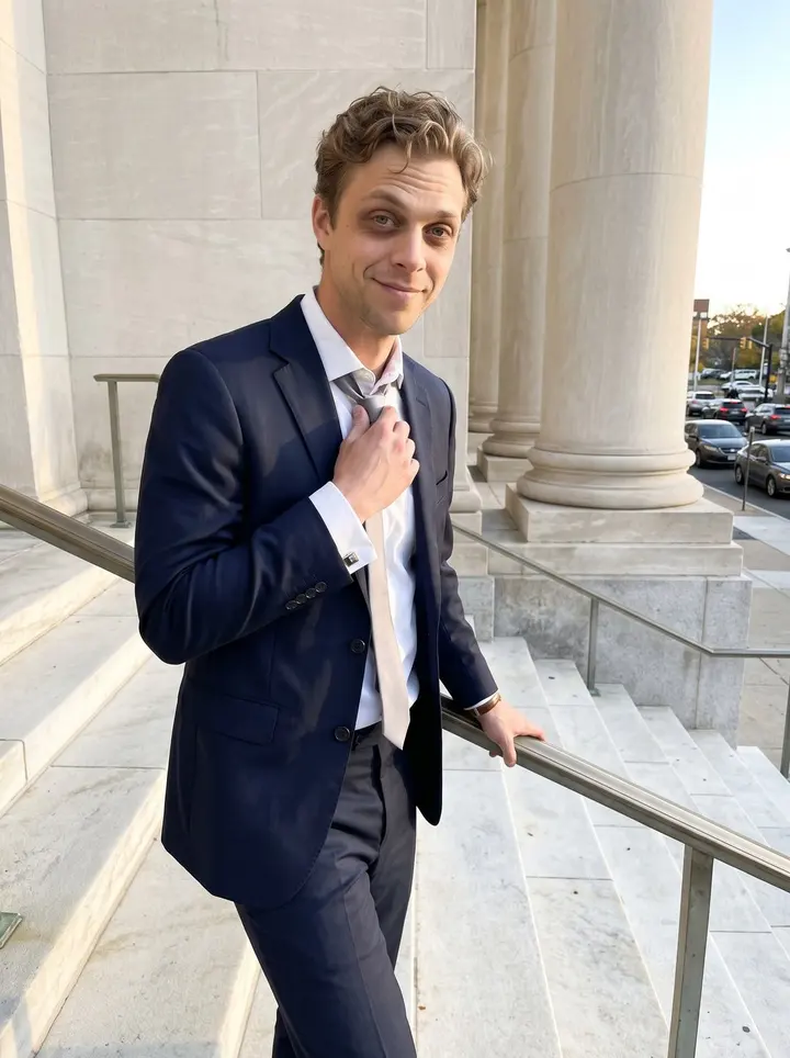 Forrest, AI character: outside a Hartford courthouse after work, stone steps and late-afternoon traffic behind him