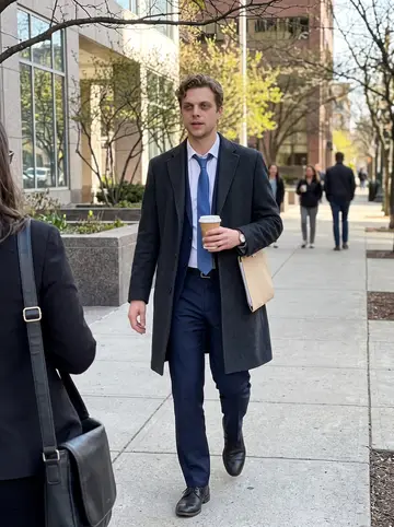 Forrest, AI character: sidewalk near the Hartford courthouse during a short lunch break, office workers passing behind him