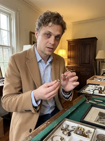 Forrest, AI character: an estate-sale table in a quiet Greenwich house, trays of vintage cufflinks and old tie clips laid out on…