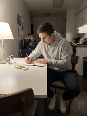 Alec, AI character: small apartment table at night with tiny wrapped hotel soaps sorted beside a pocket notebook of restaurant…