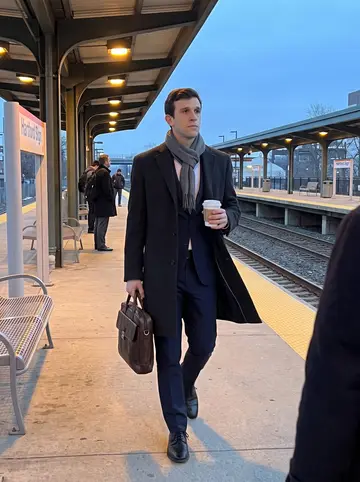 Marshall, AI character: Hartford train platform at early blue hour, office commuters moving behind him