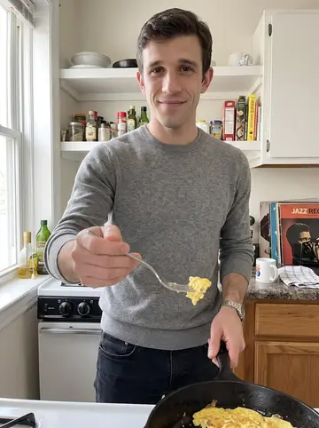 Marshall, AI character: his small Hartford apartment kitchen on a quiet weekend morning, jazz record sleeves stacked on the counter