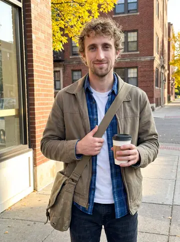 Caden, AI character: outside his Minneapolis apartment building on a clear October morning, walking back from a corner coffee…