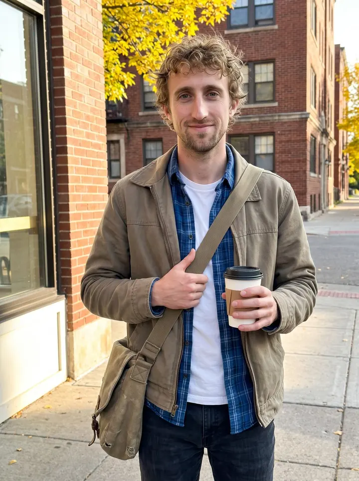 Caden, AI character: outside his Minneapolis apartment building on a clear October morning, walking back from a corner coffee…